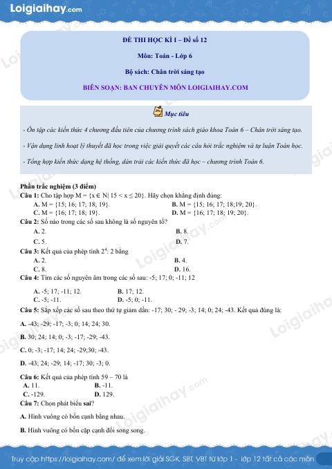 Đề thi học kì 1 Toán 6 - Đề số 12 - Chân trời sáng tạo